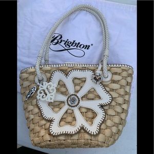 Beautiful Brighton ❤️ Straw Tote Purse Floral Lining Leather Flower Accent